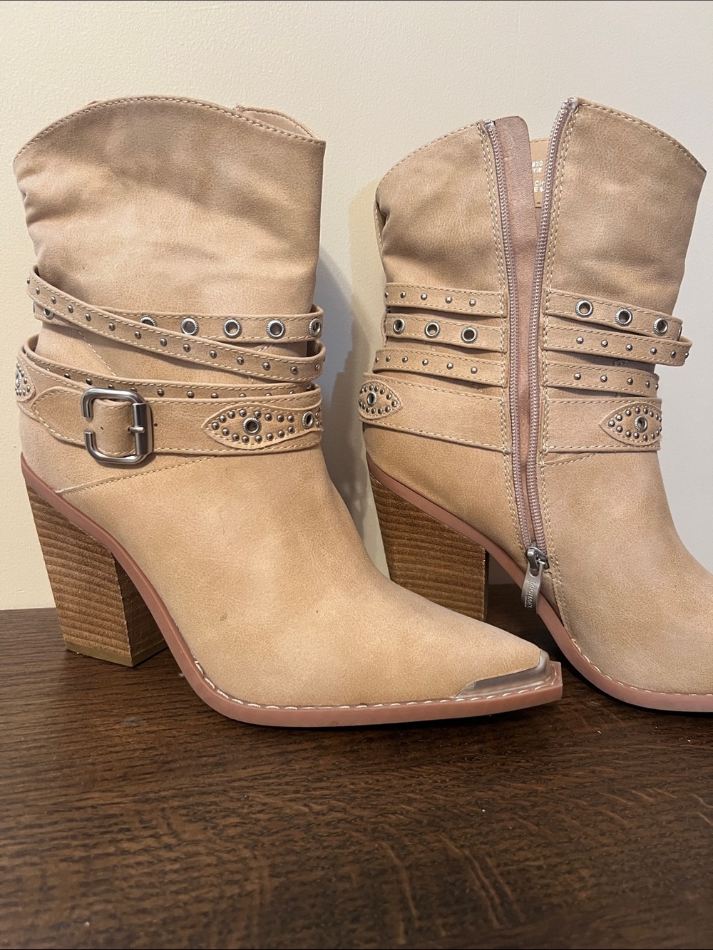 Studded Taupe Western Ankle Boots with Block Heel